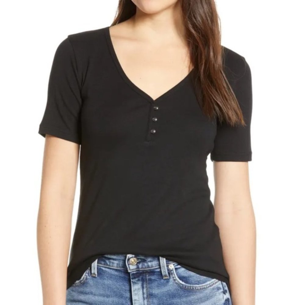 Caslon Black Henley Top V-neck Short Sleeve NWOT